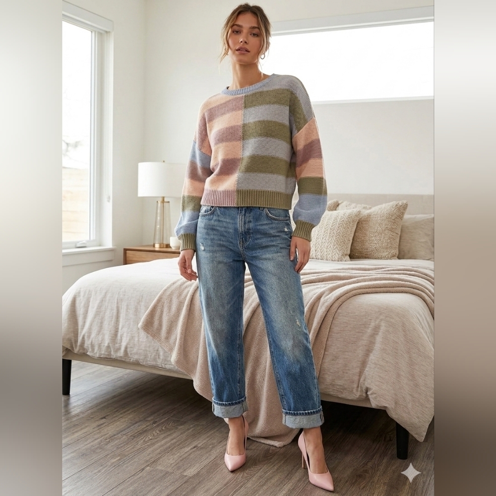 Le Lis Pastel Striped Crewneck Sweater - Pink, Blue, Green, Cream - Picture 3 of 3